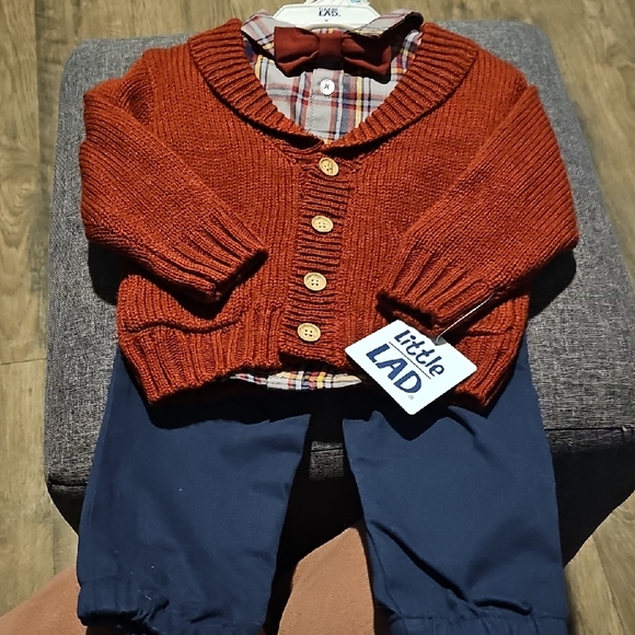 Little Lad Other - NWT Little Lad Cardigan Set Tie Rust Color Plaid Blue Pants 12 Months Toddler